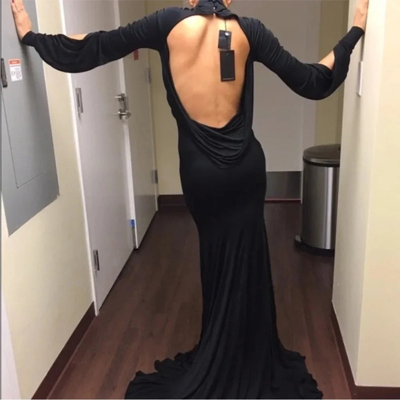 black gown w/ train long sleeve dramatic statement dress like Beyoncé wore sz 8 - Picture 14 of 17